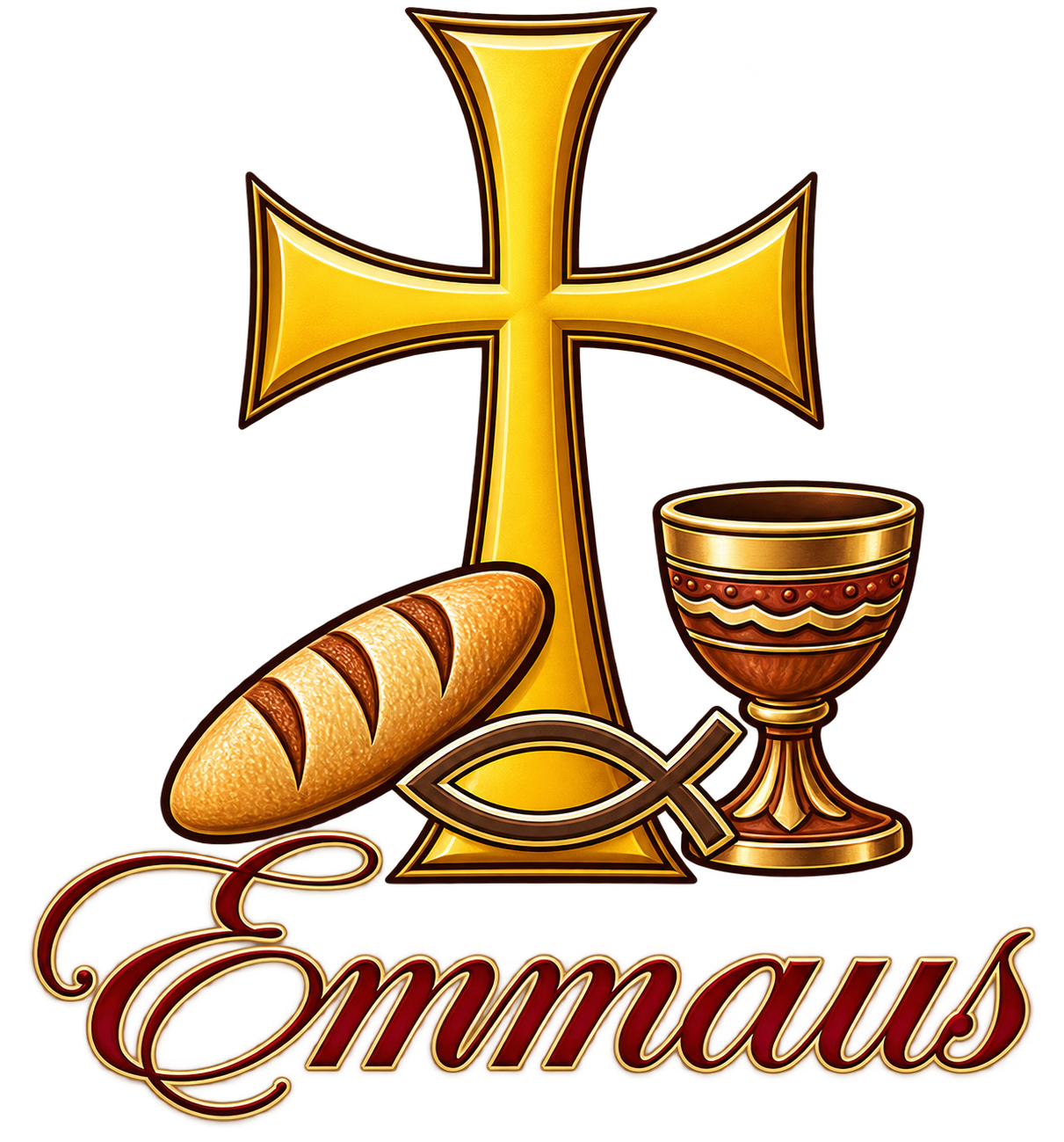 Emmaus logo with cross, bread, chalice, and fish symbol